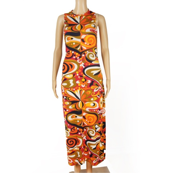 Vintage Dresses & Skirts - Vintage 60s Mod Hippie Boho Paisley Sleeveless Side Slit Long Maxi Dress